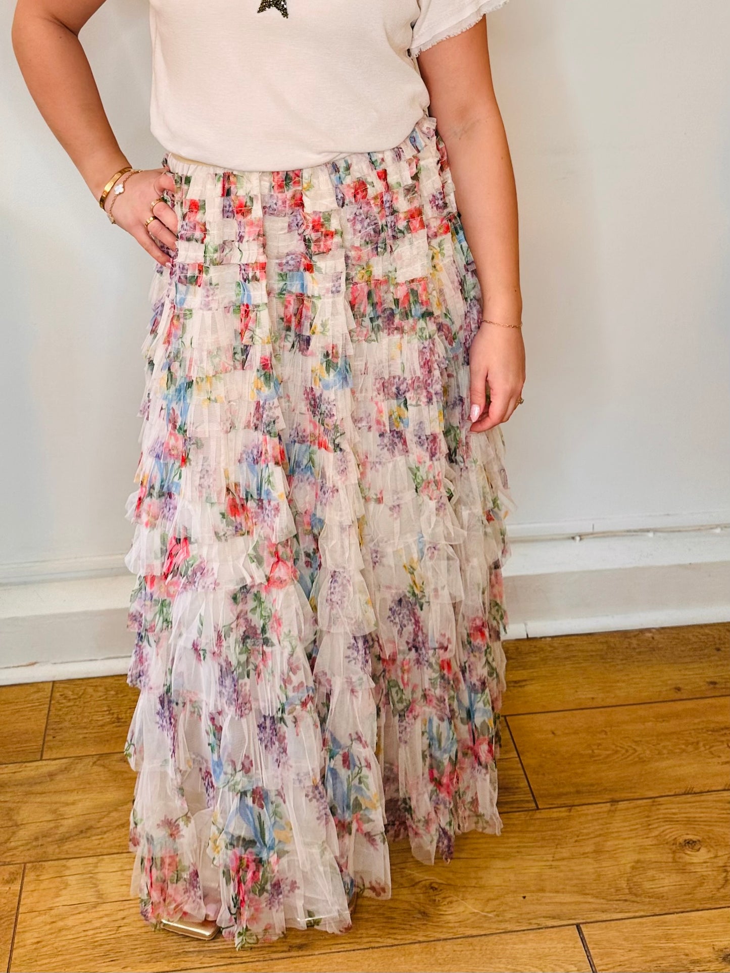 The Louisa Tulle Tiered Flower Print Skirt