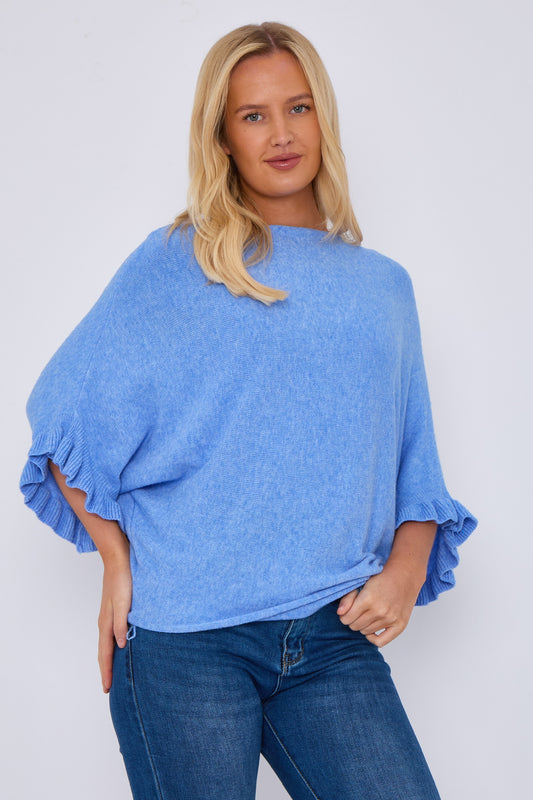 Bessie Beautiful Batwing soft jumper with cute ruffle sleeve detail - cornflower blue