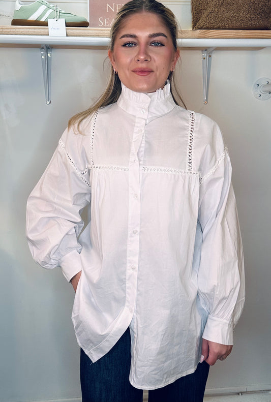 White Ruffle Collar, embroidery detail balloon sleeve 100% cotton shirt