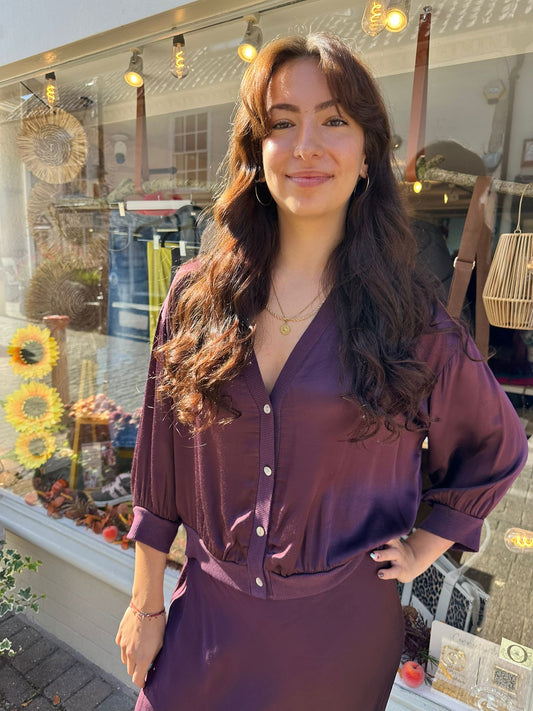 The Nova Satin V-Neck Lightweight Cardigan Jacket- Burgundy