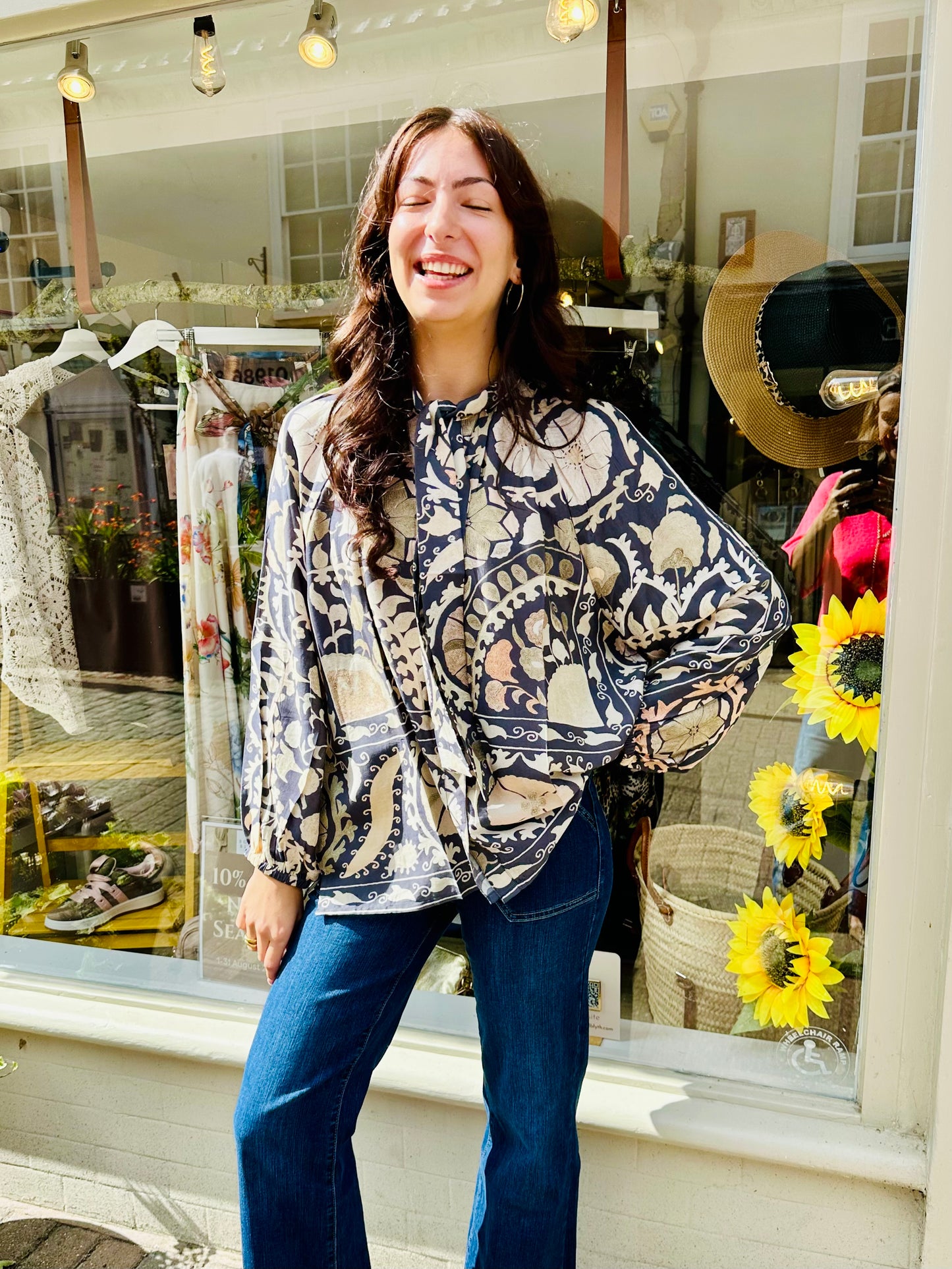 One Hundred stars-Susani Charcoal PussyBow Blouse