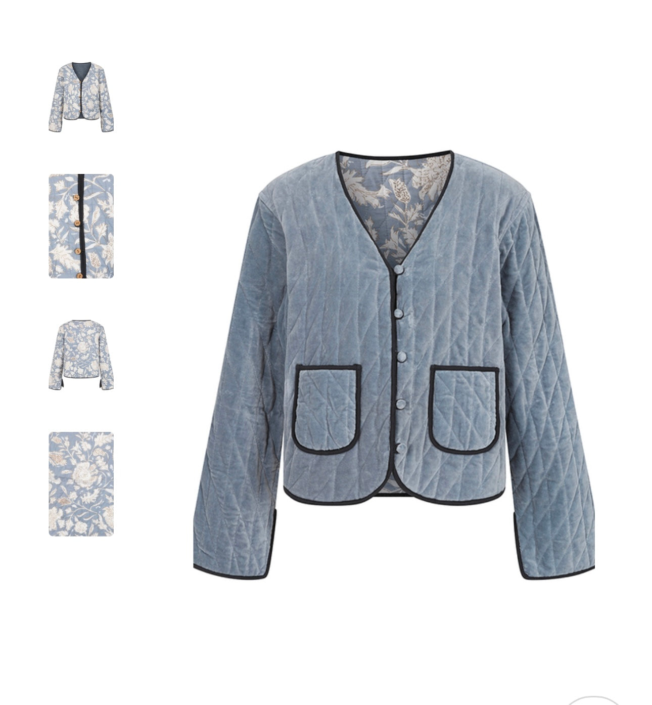 Quilted Velvet Jacket Reversible w/Printed Pattern Ice Blue