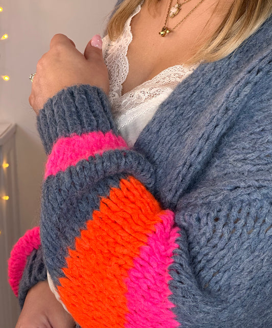 Diva Denim blue chunky cardigan with neon stripe detail to sleeve