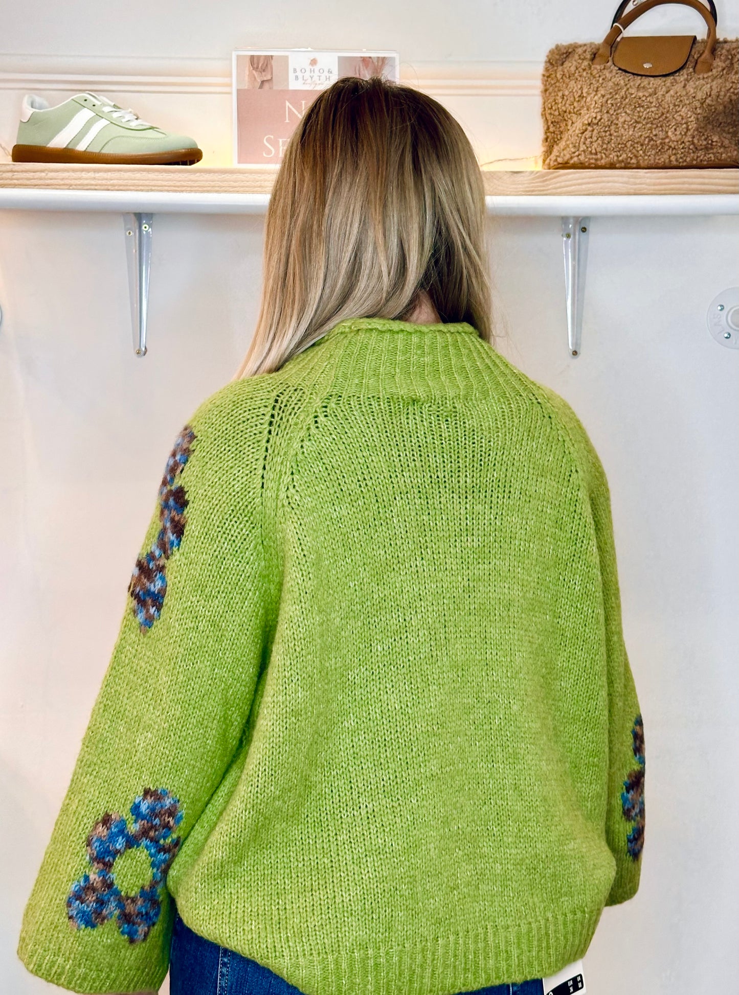 Super snuggly vibrant green chunky floral print lana wool mix jumper