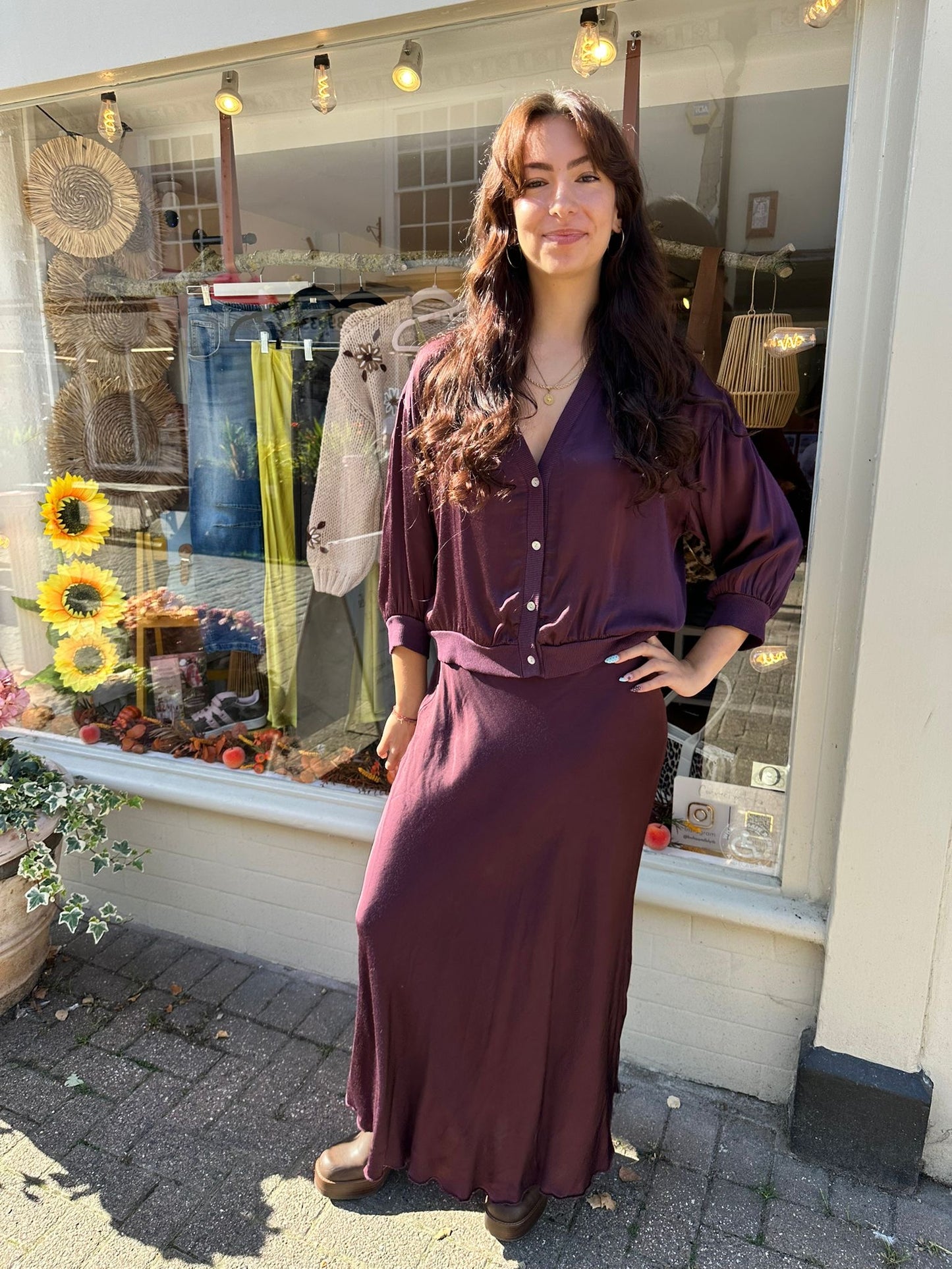 The Nova Satin V-Neck Lightweight Cardigan Jacket- Burgundy