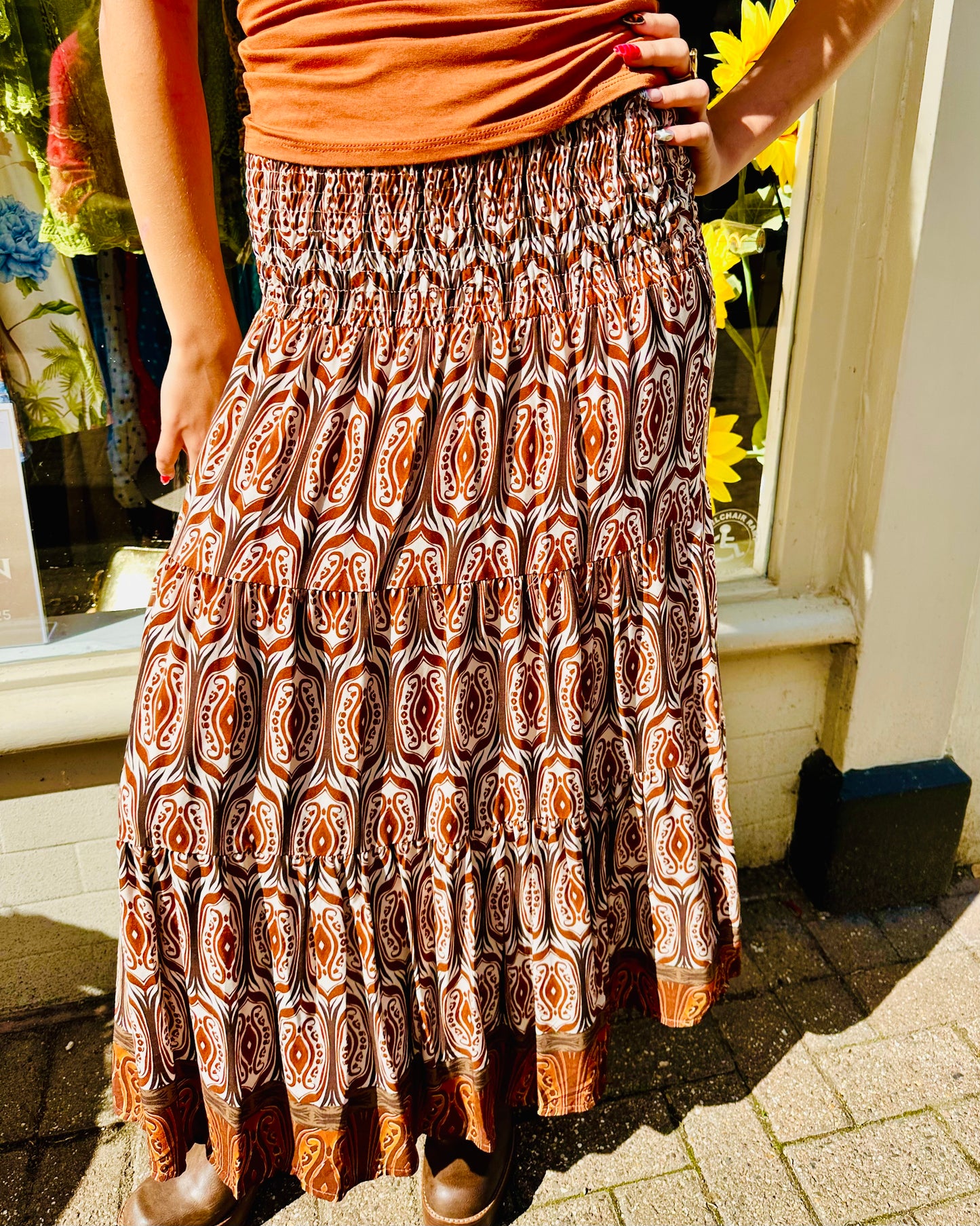 Lucy Shirred Printed Boho Maxi Skirt - Burgundy