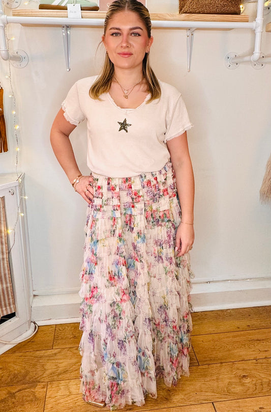 The Louisa Tulle Tiered Flower Print Skirt