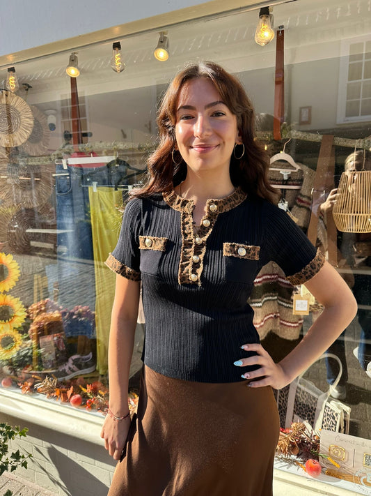 The Isla Leopard trim Black Ribbed Short Sleeve Knitted Top