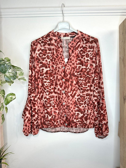 Leticia Leopard Sheer Blouse Red Wine