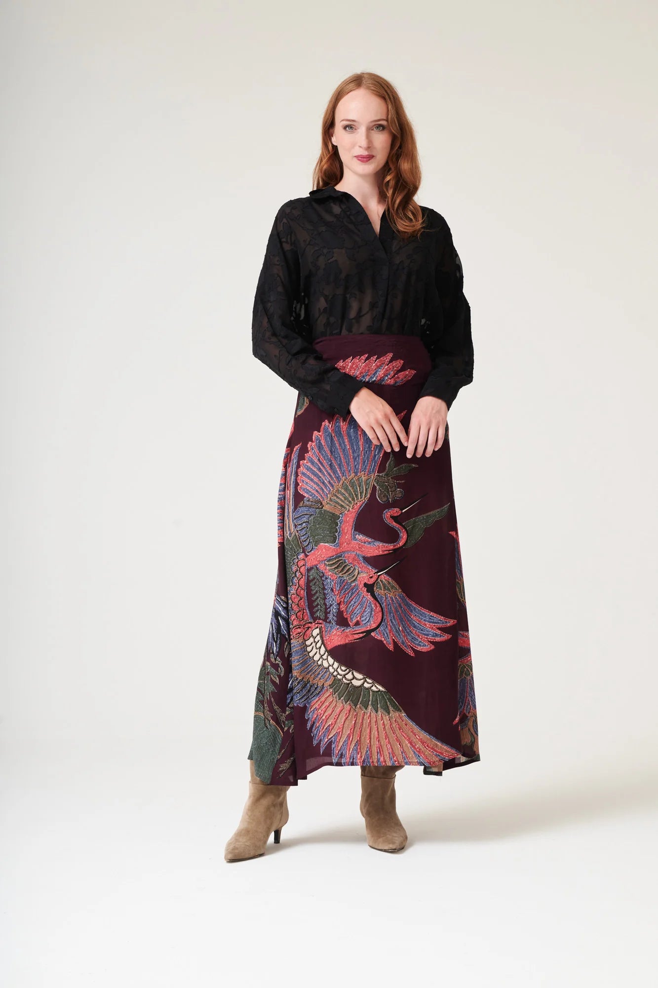 Crane Plum Crepe A-line Maxi Skirt