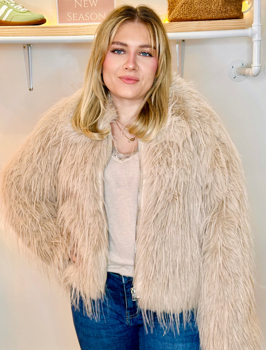 Lulu Natural Stone Retro zip front Faux Fur Jacket