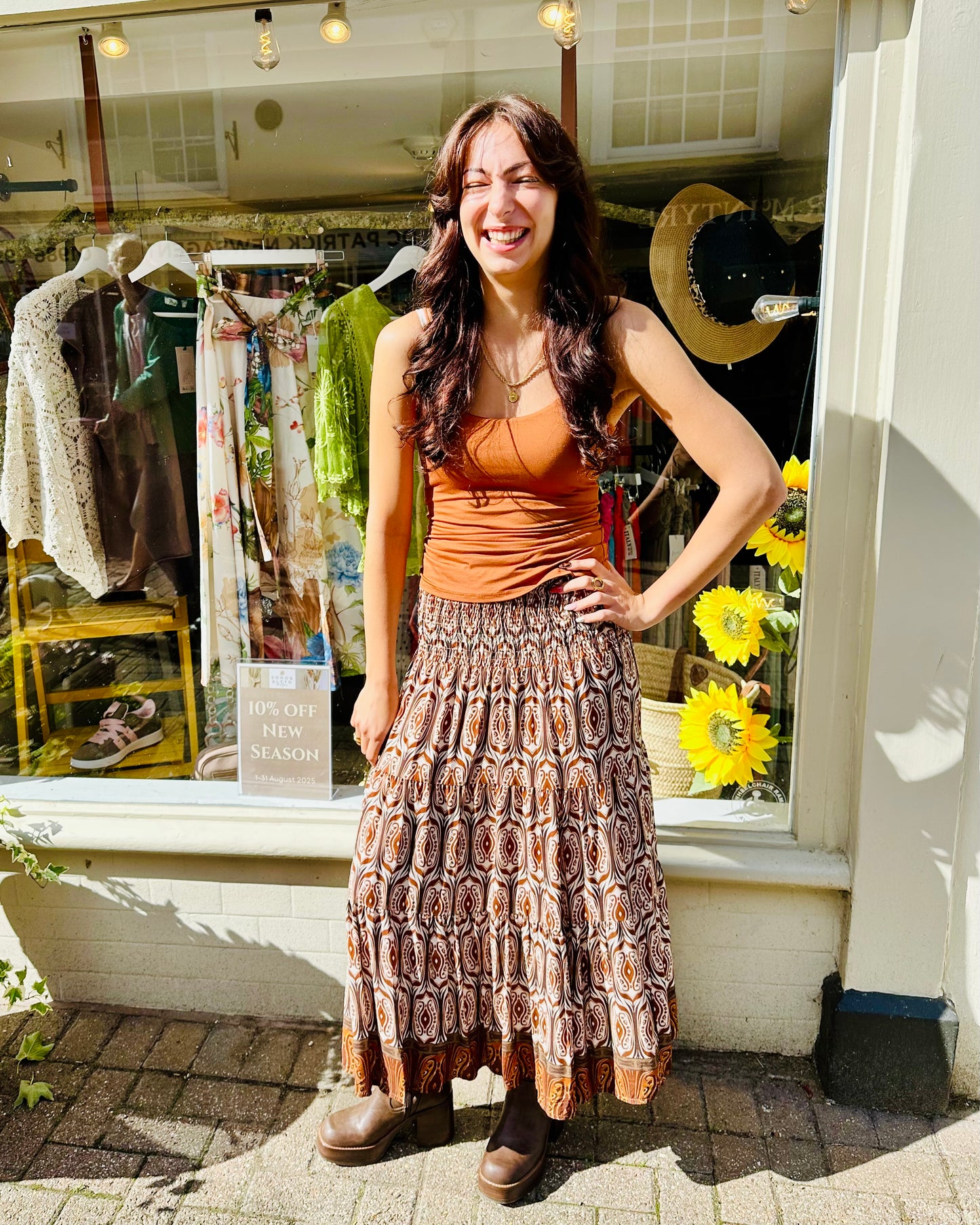 Lucy Shirred Printed Boho Maxi Skirt - Burgundy