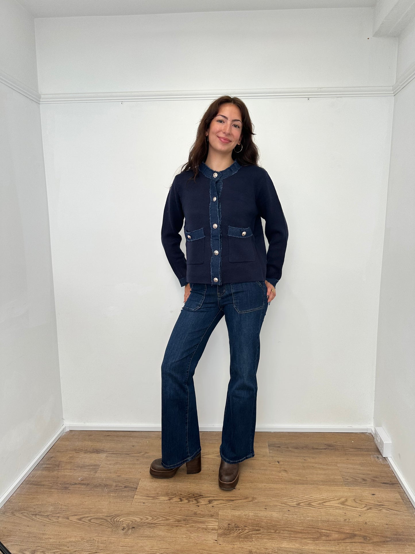 French style knit jacket with denim trim