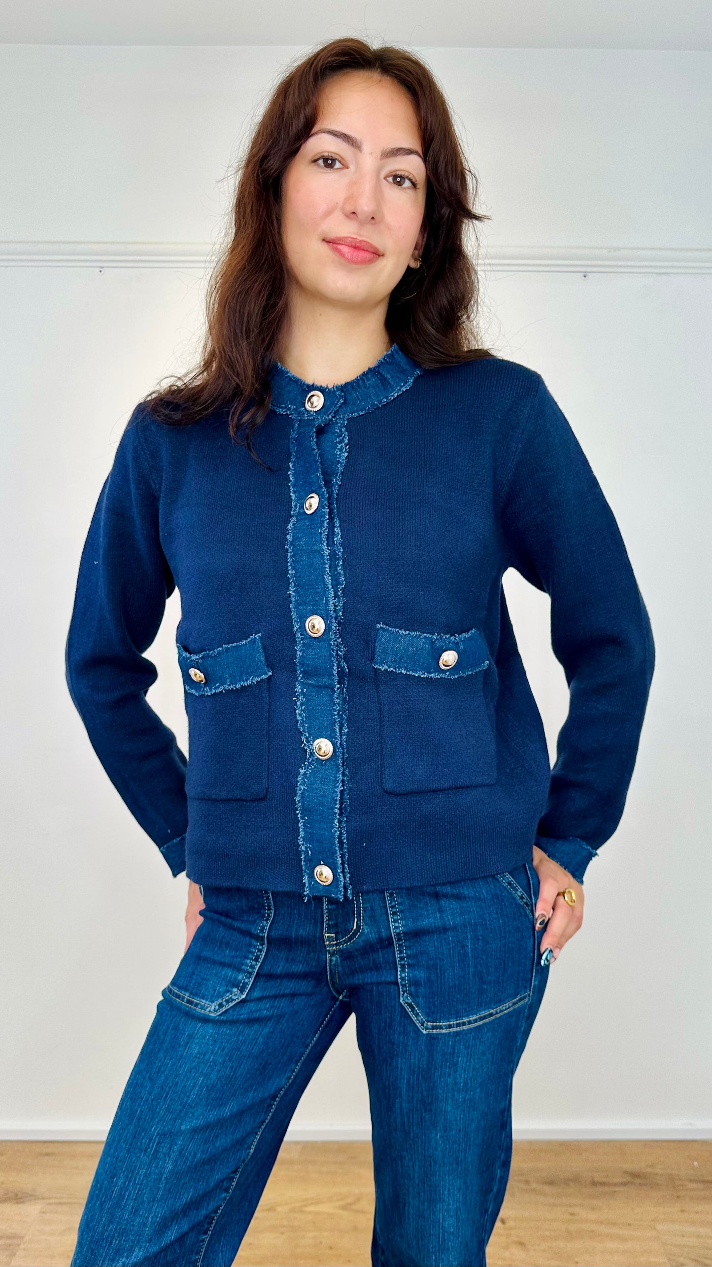 French style knit jacket with denim trim