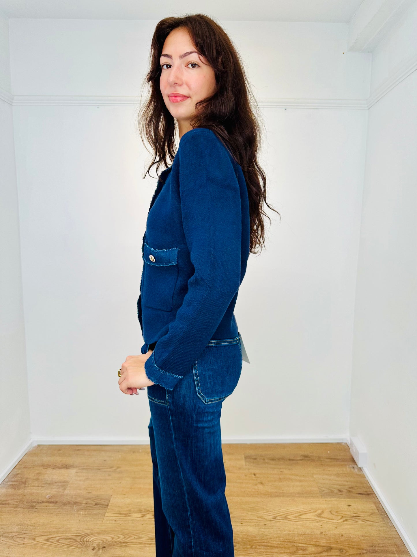 French style knit jacket with denim trim
