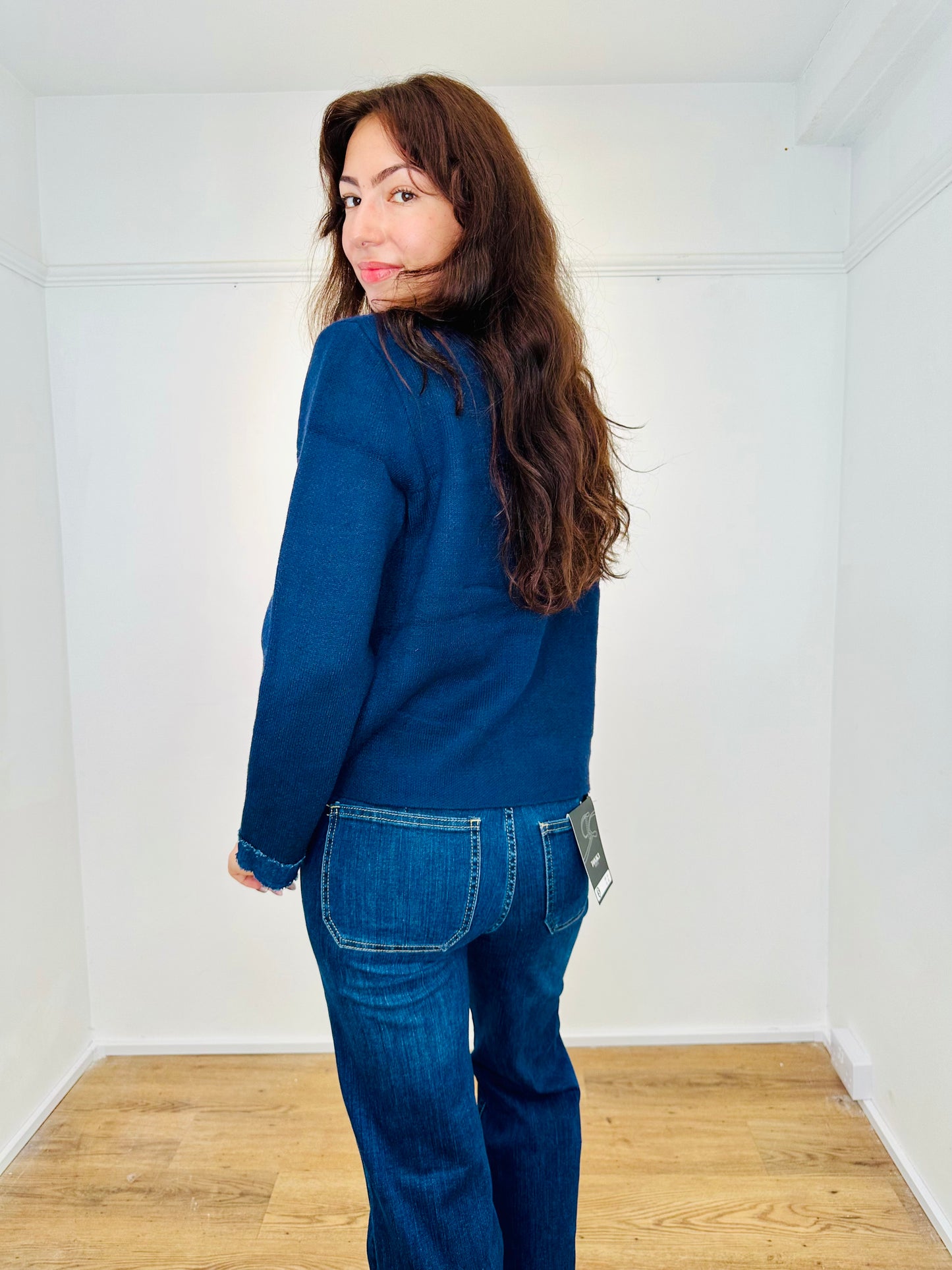 French style knit jacket with denim trim
