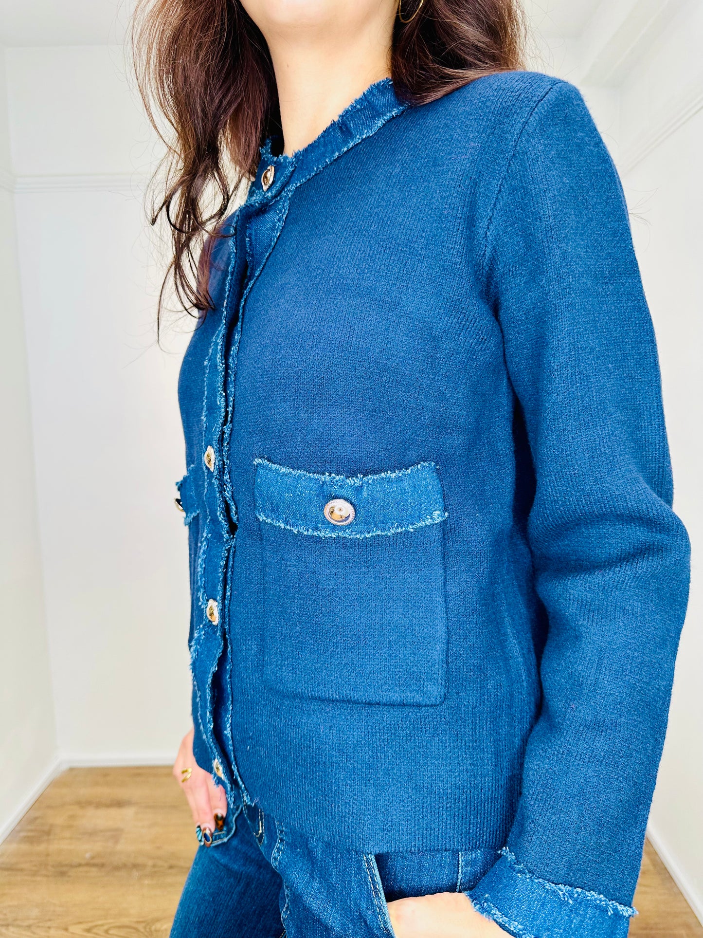 French style knit jacket with denim trim