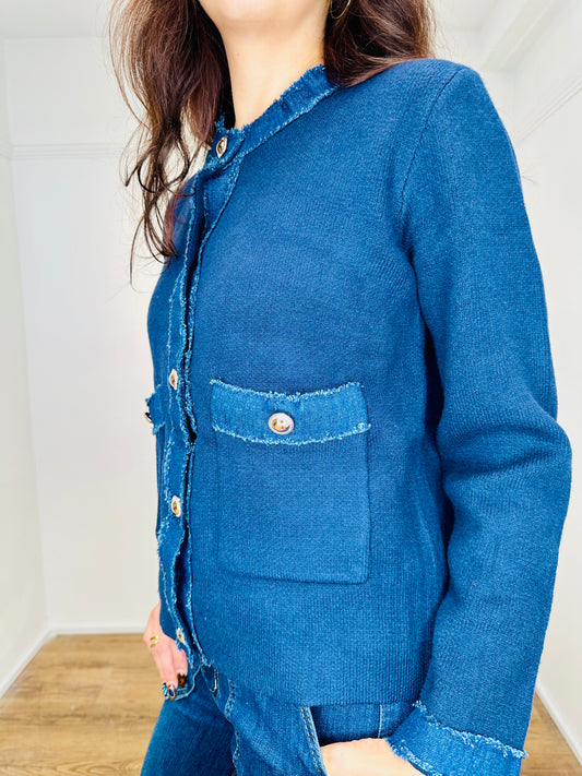 Frida French style knit jacket with denim trim