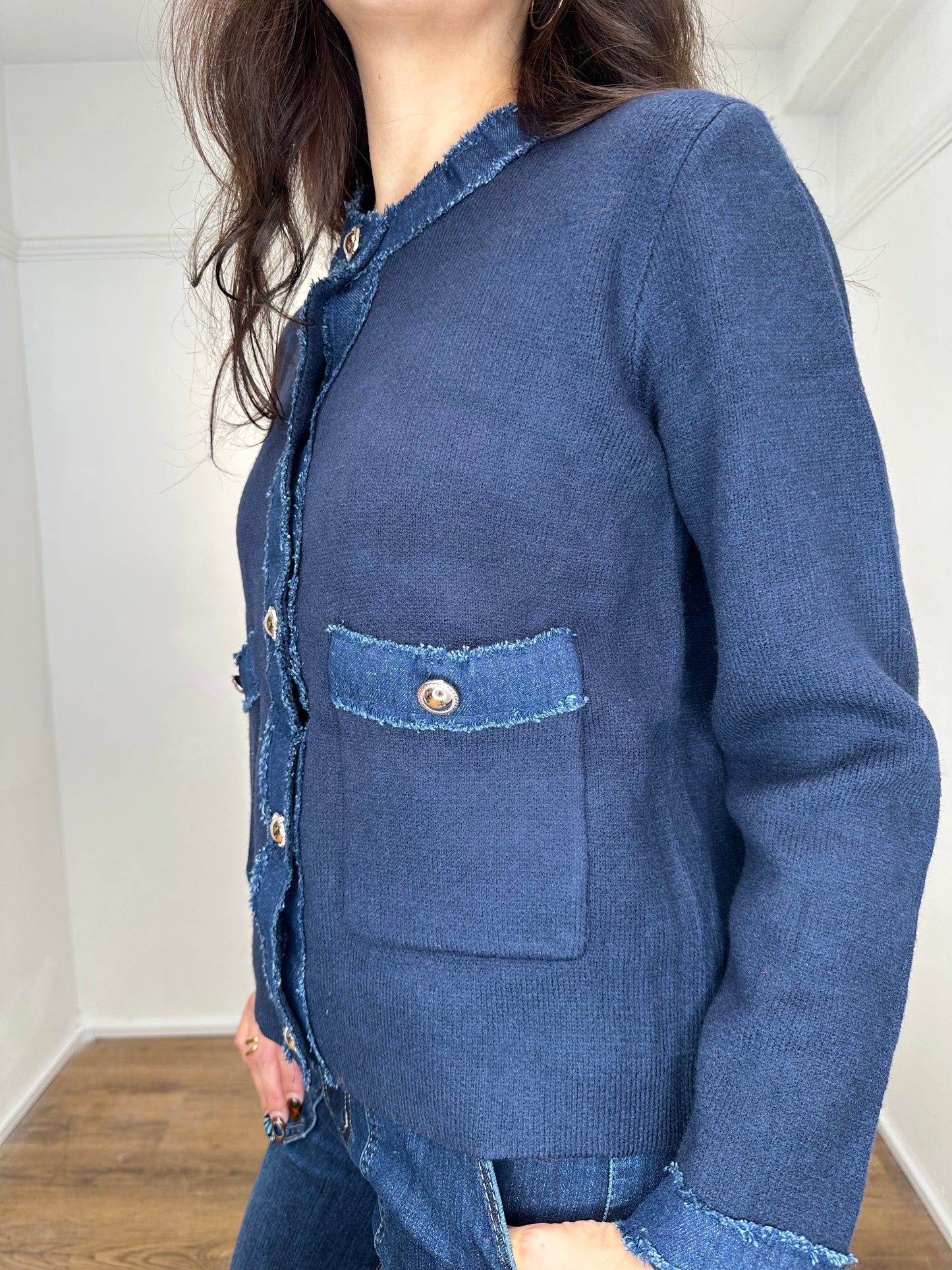 French style knit jacket with denim trim