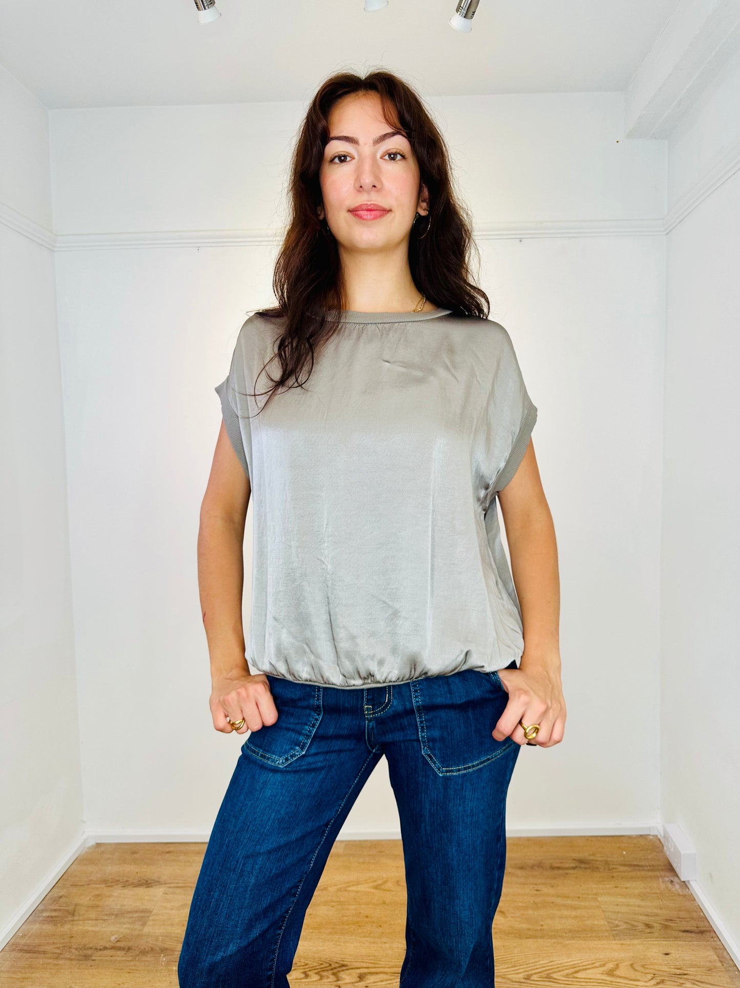 Silver satin super chic short sleeve tank