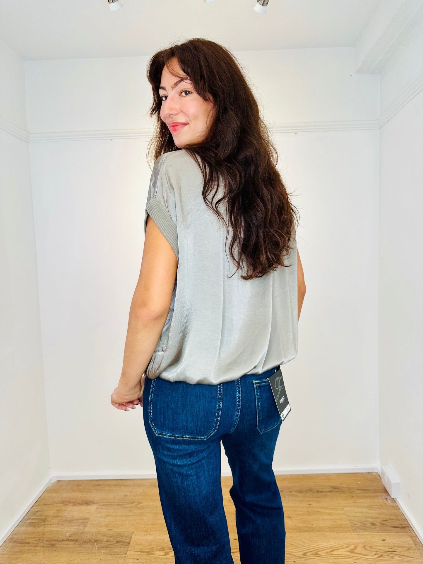 Silver satin super chic short sleeve tank