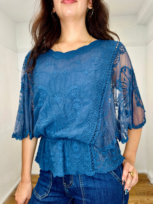 Bessie Butterfly Lace sleeve top - Bestseller - Denim Blue