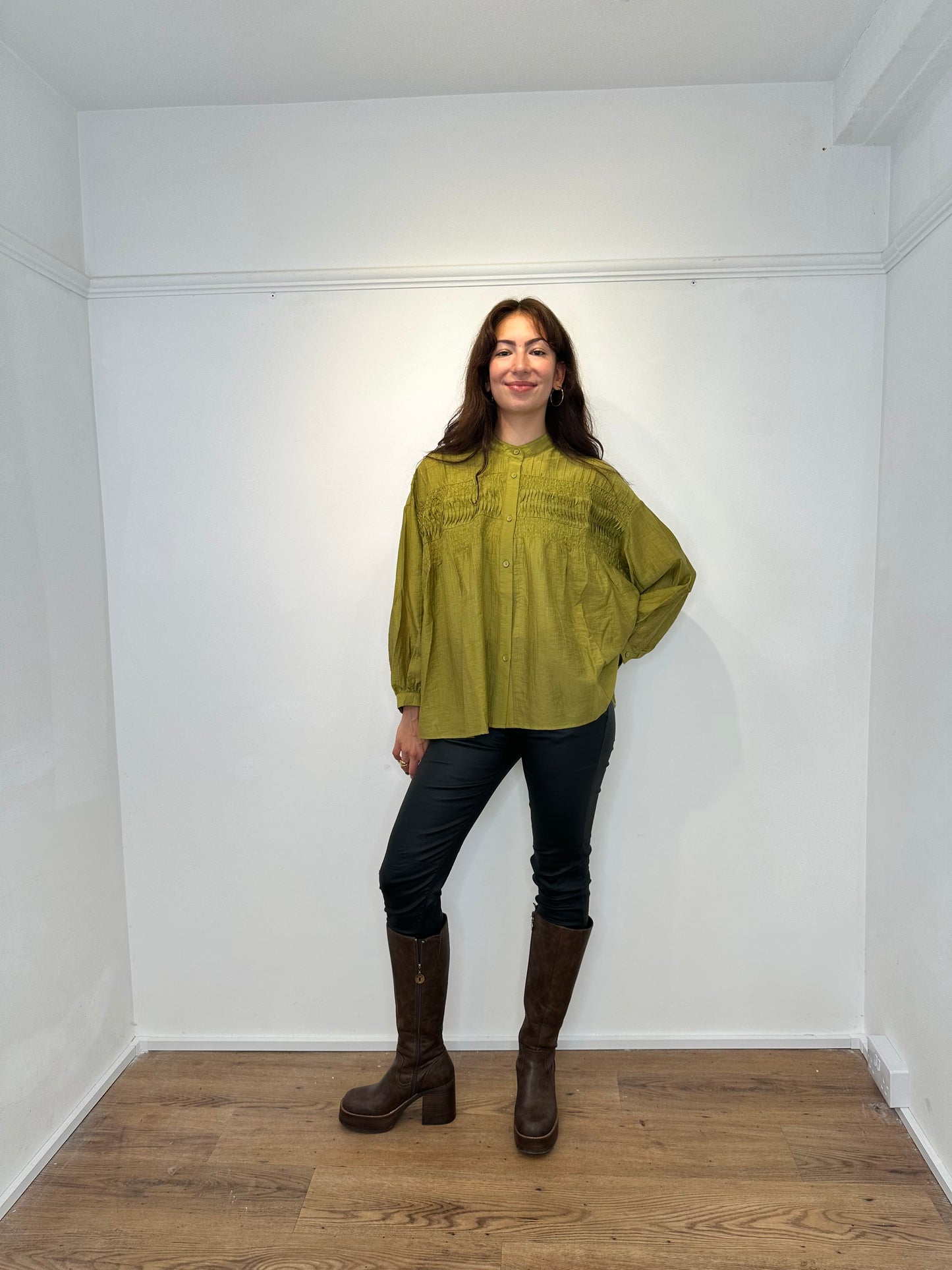 Olive Green Silky Pleated blouse