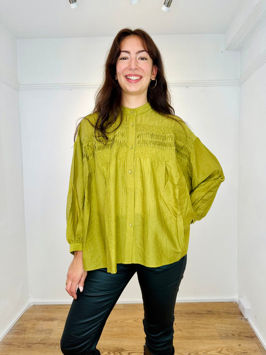 The Olive Silky Pleated blouse
