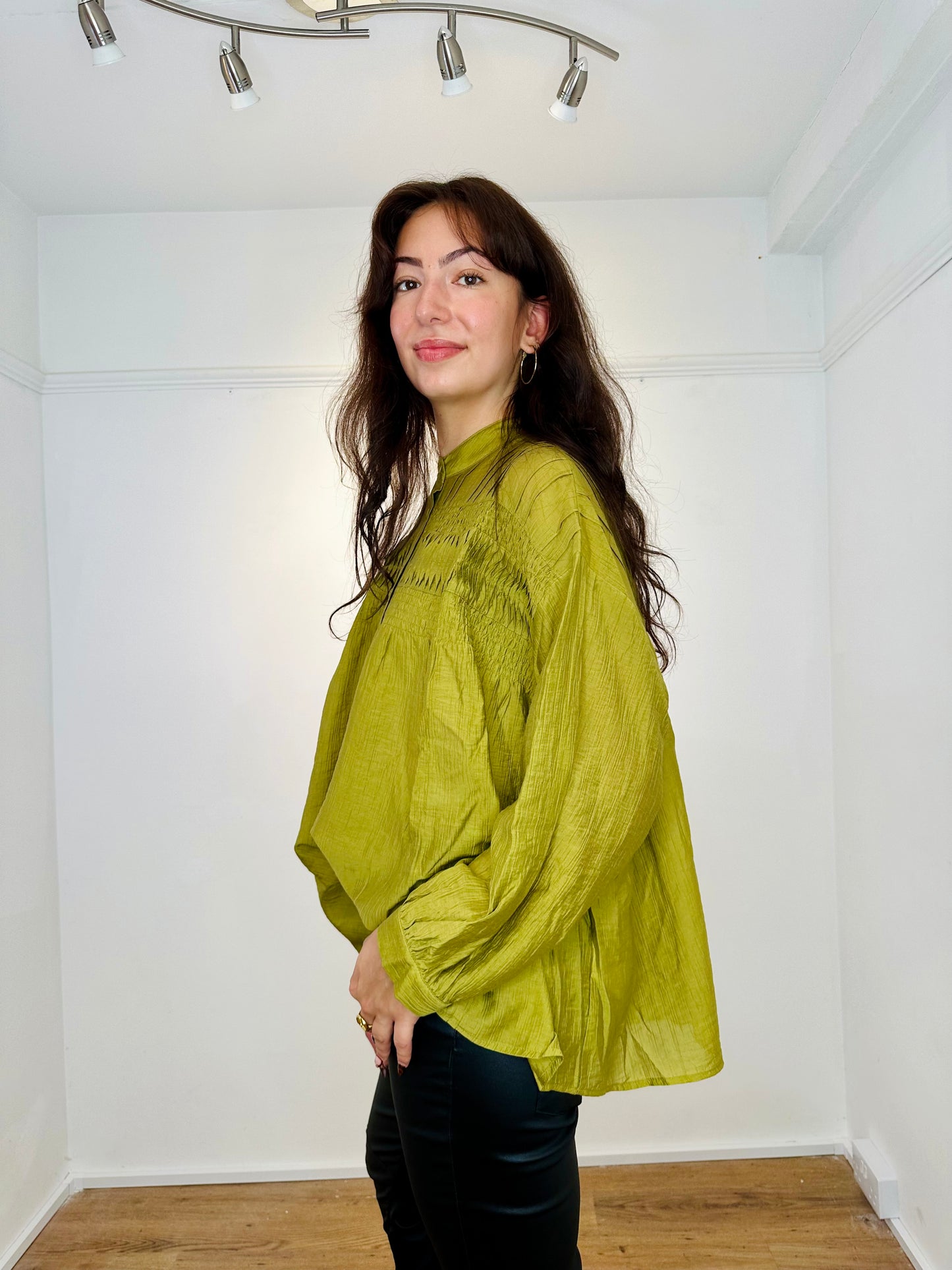 Olive Green Silky Pleated blouse