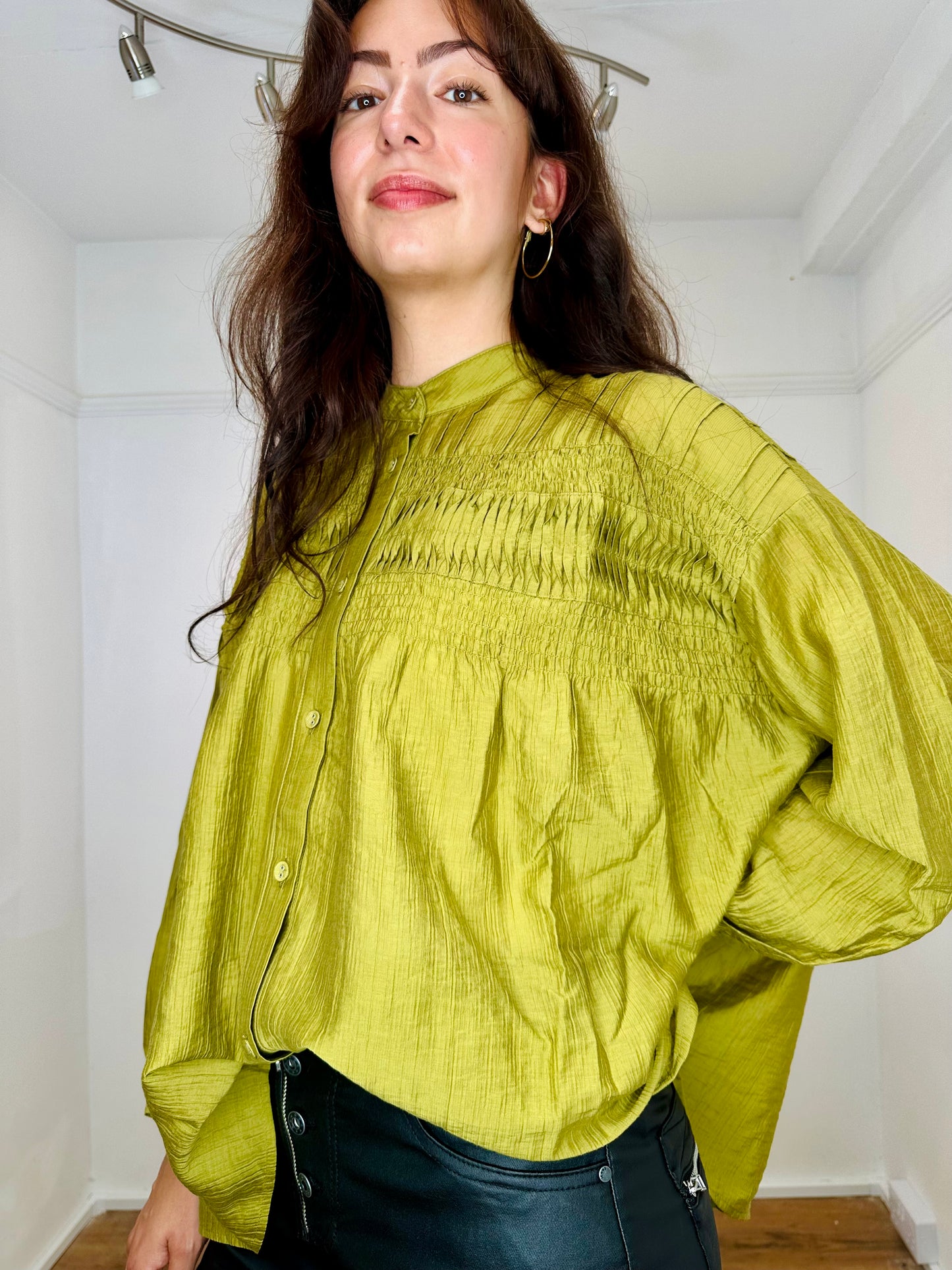 Olive Green Silky Pleated blouse