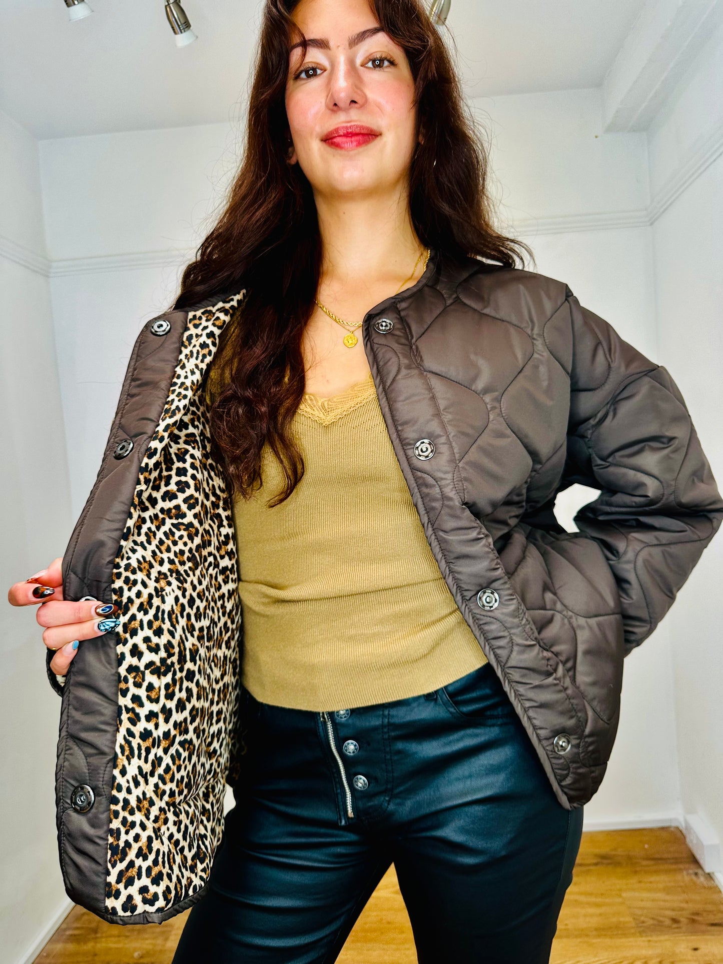 Romano Reversible Chocolate/Leopard print quilted jacket
