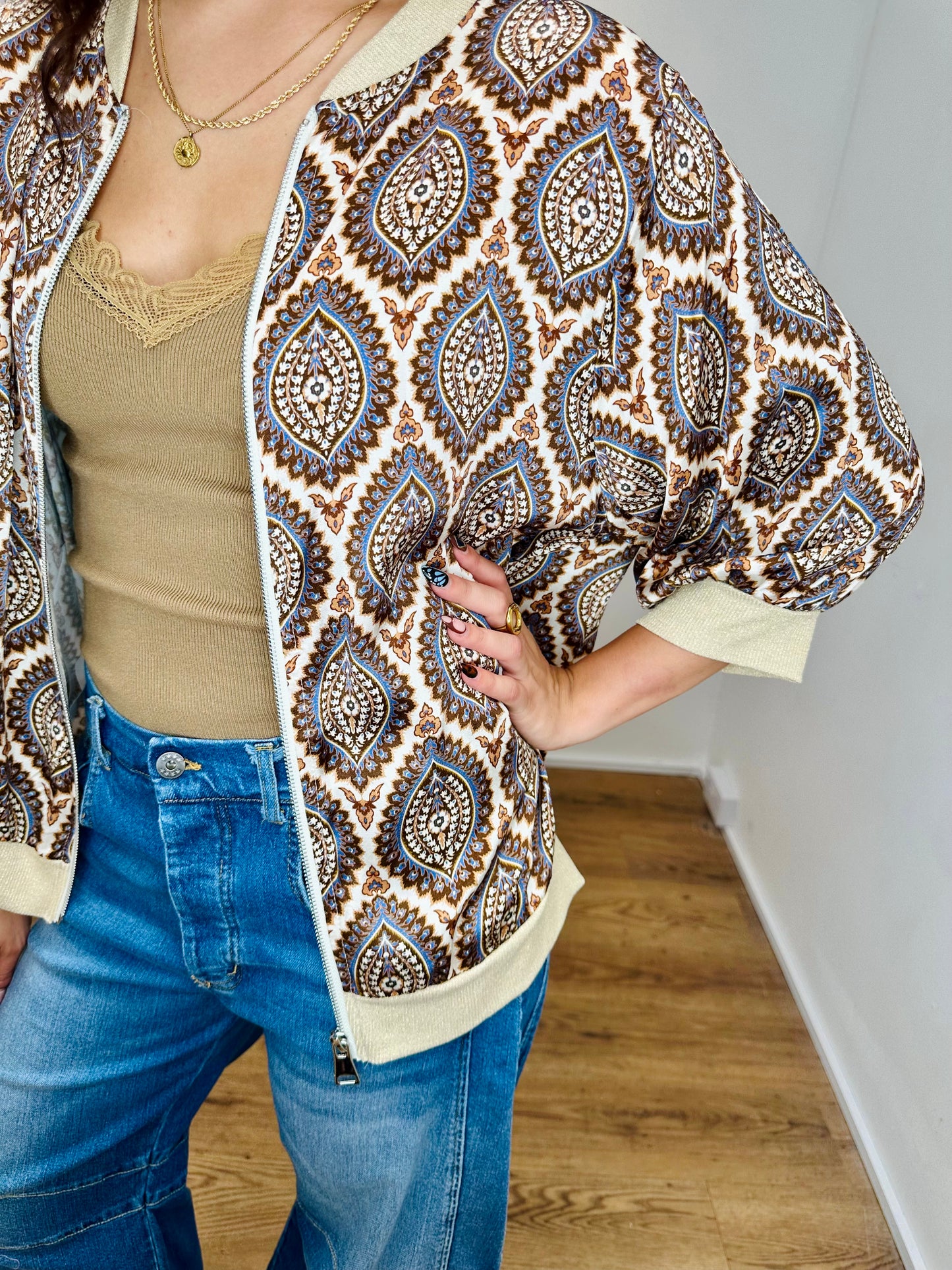 The Casey Satin Patterned Bomber Jacket