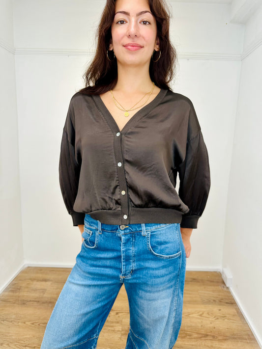 The Nova Satin V-Neck Lightweight Cardigan Jacket- Chocolate Brown