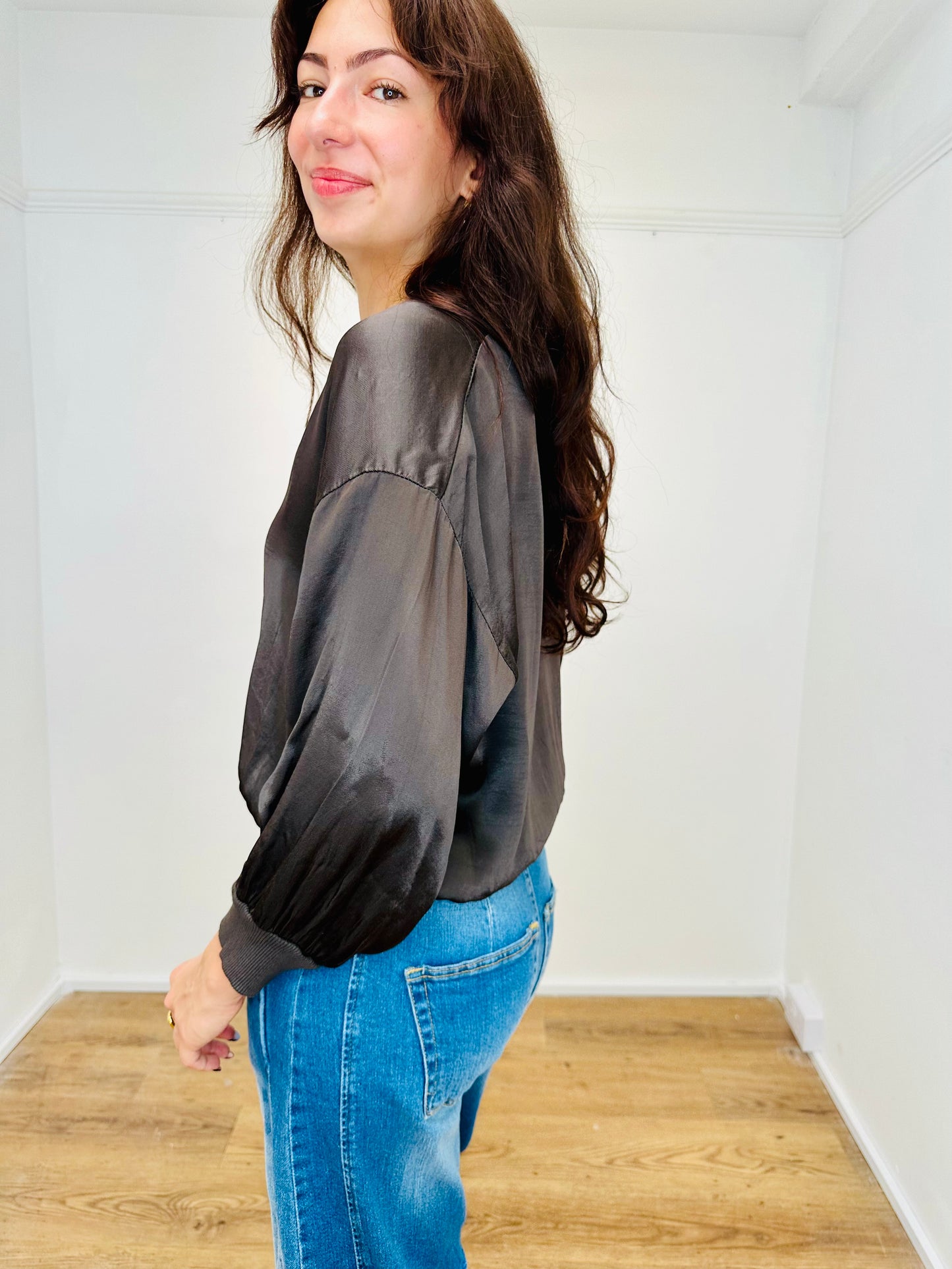 The Nova Satin V-Neck Lightweight Cardigan Jacket- Chocolate Brown
