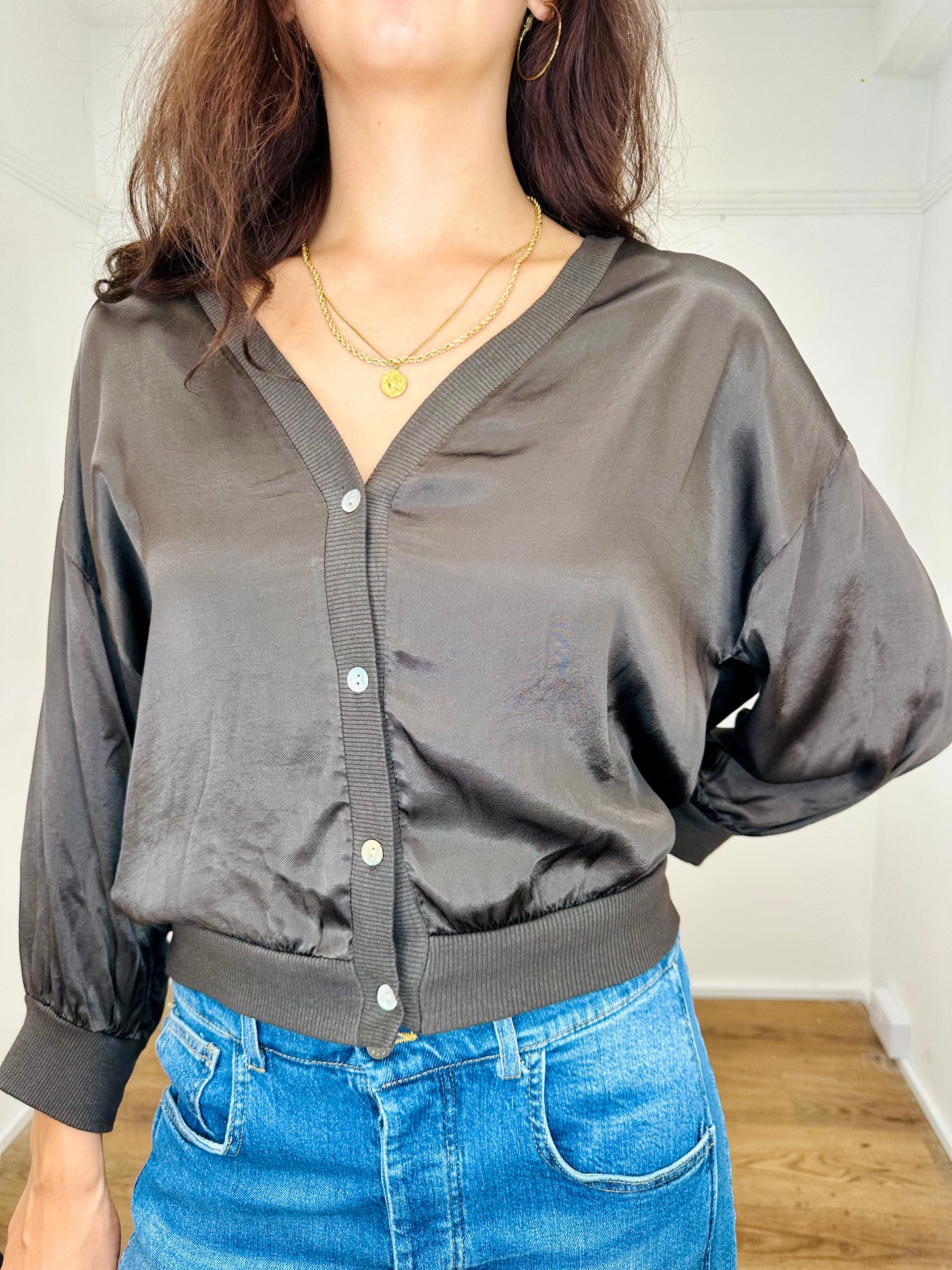 The Nova Satin V-Neck Lightweight Cardigan Jacket- Chocolate Brown