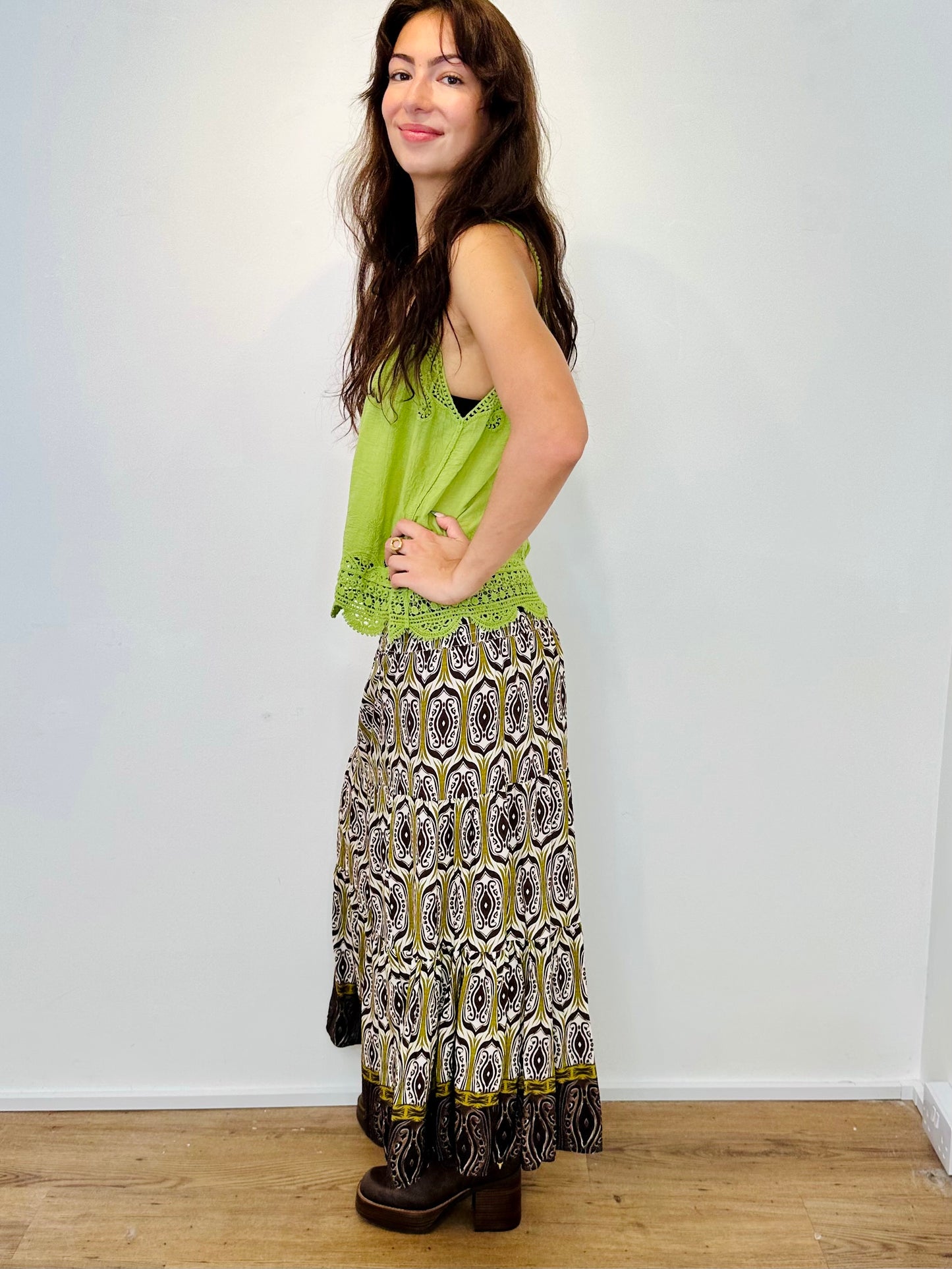 Lucy Shirred Printed Boho Maxi Skirt - Burgundy