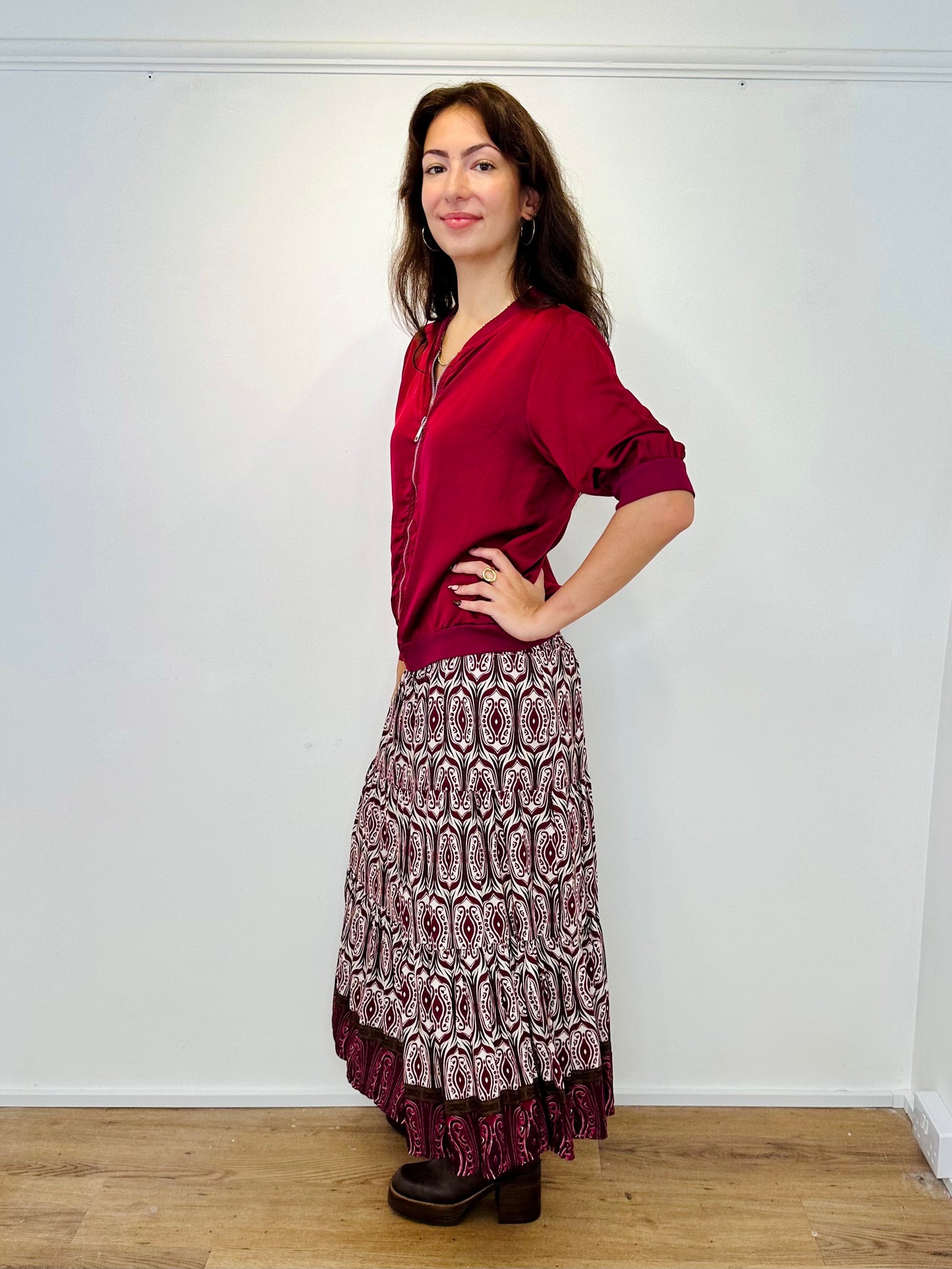 Lucy Shirred Printed Boho Maxi Skirt - Burgundy