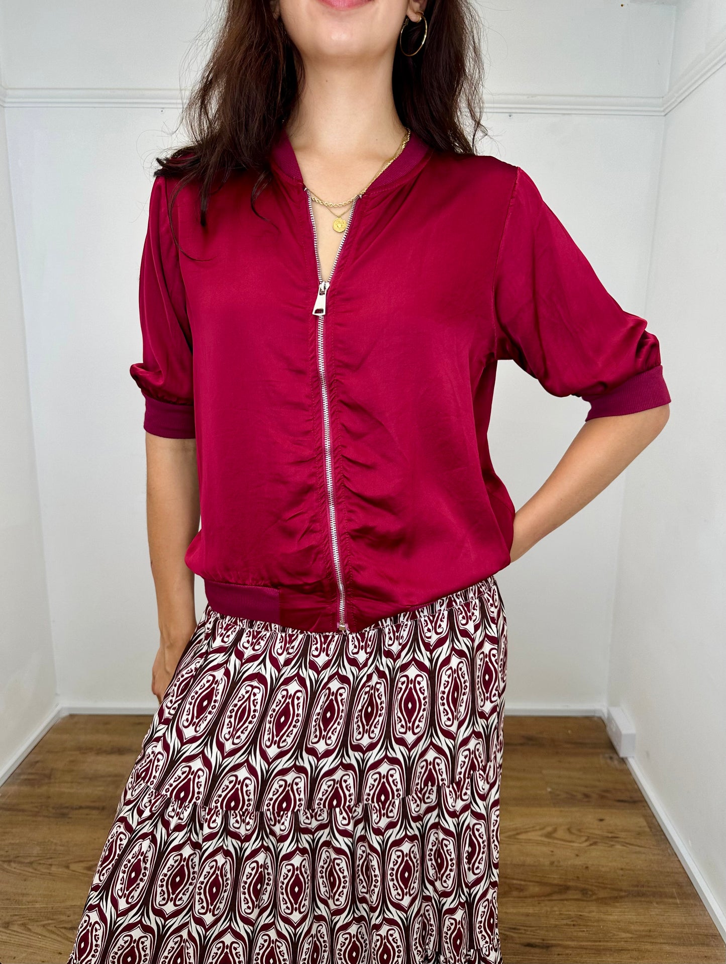 The Casey Satin Bomber Jacket - Red Wine
