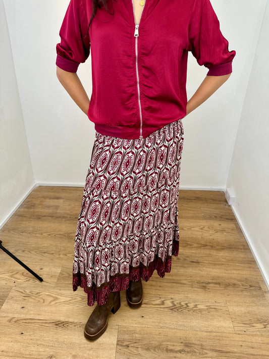 Lucy Shirred Printed Boho Maxi Skirt - Burgundy