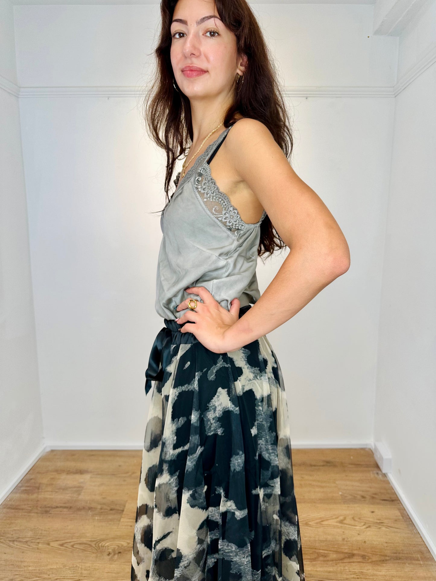 Taupe and Black Leopard print Mesh Tulle Maxi skirt