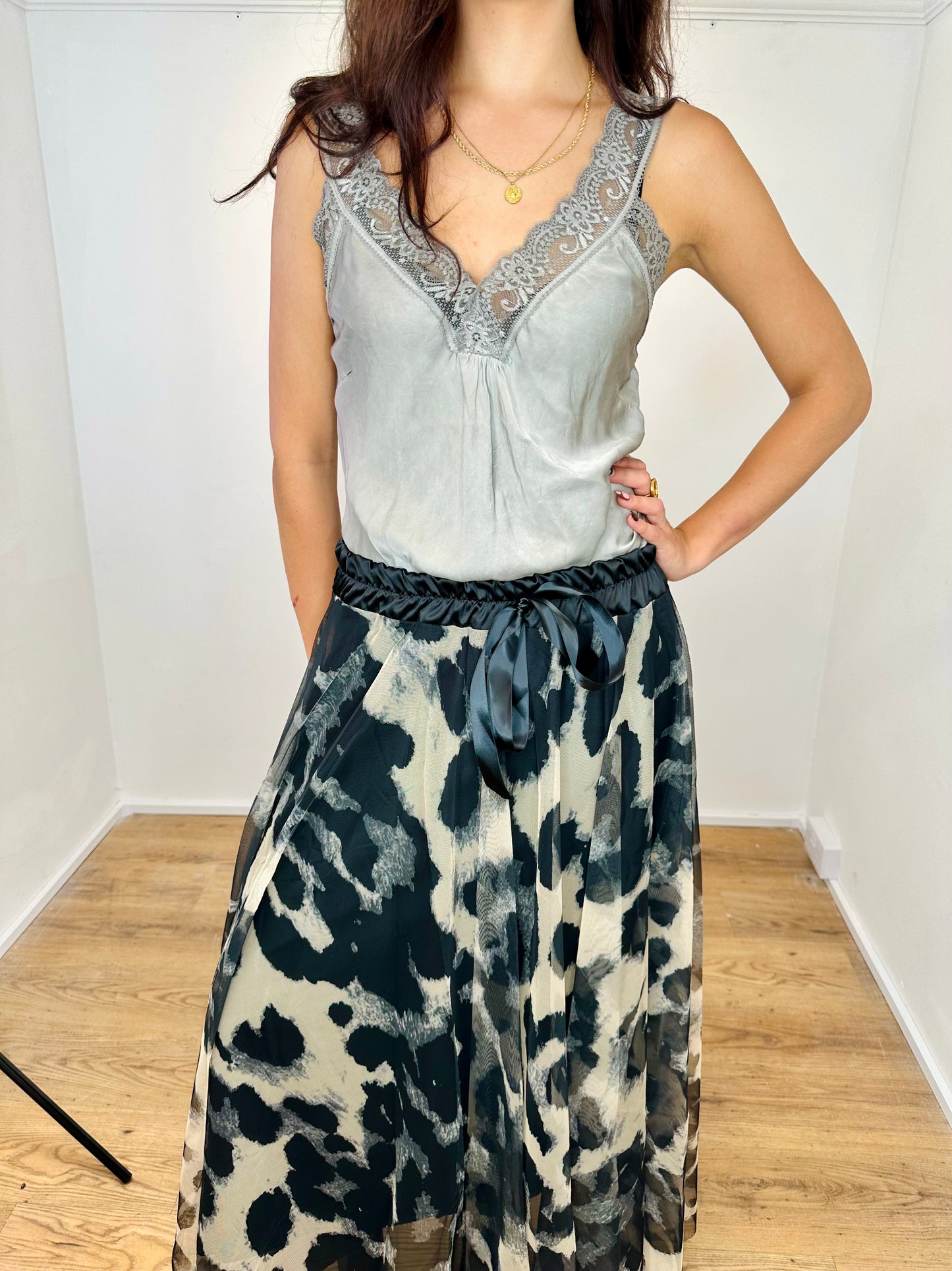 Taupe and Black Leopard print Mesh Tulle Maxi skirt