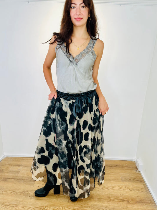 Taupe and Black Leopard print Mesh Tulle Maxi skirt
