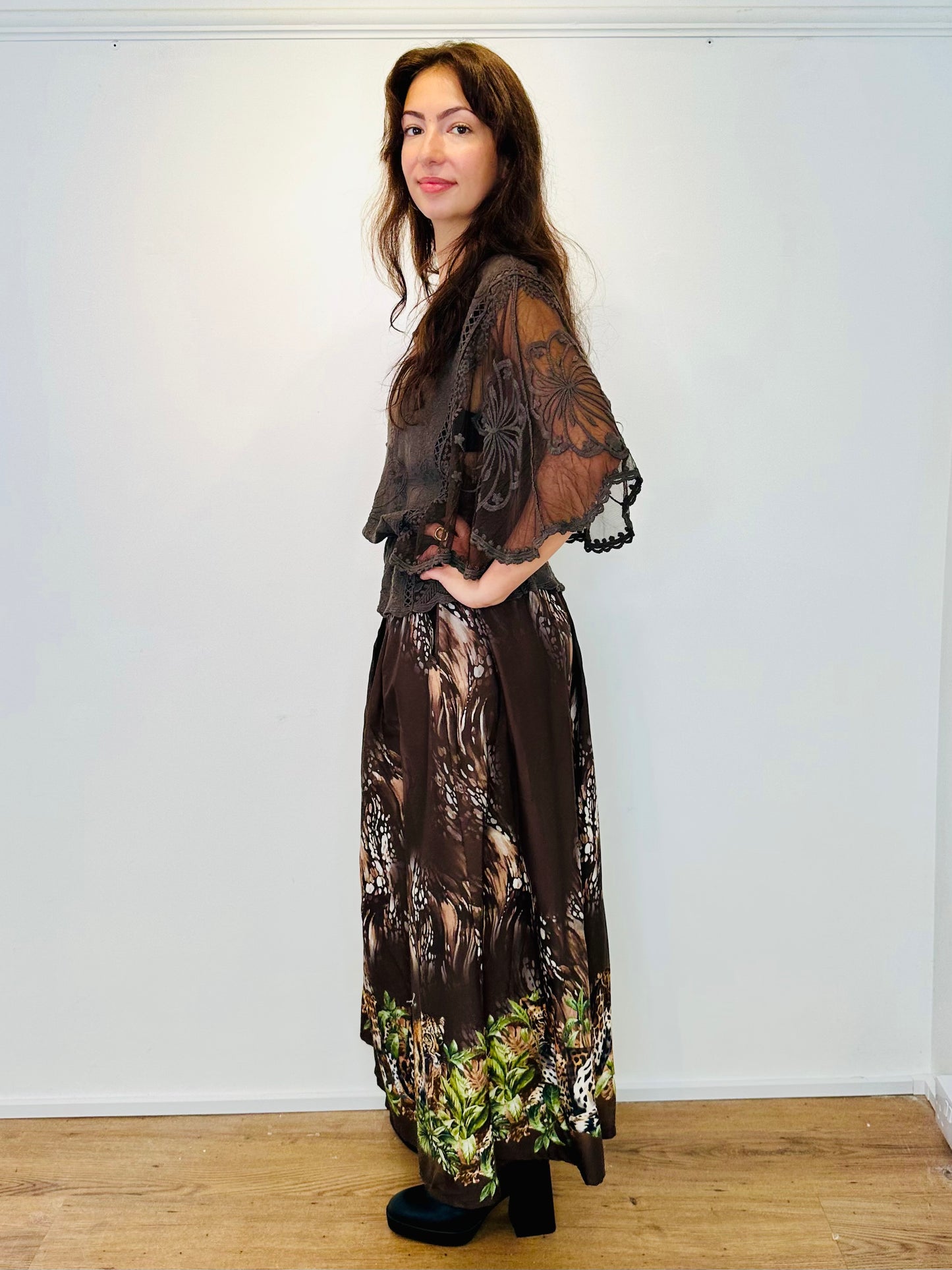 Florence Chocolate Brown Printed Maxi skirt