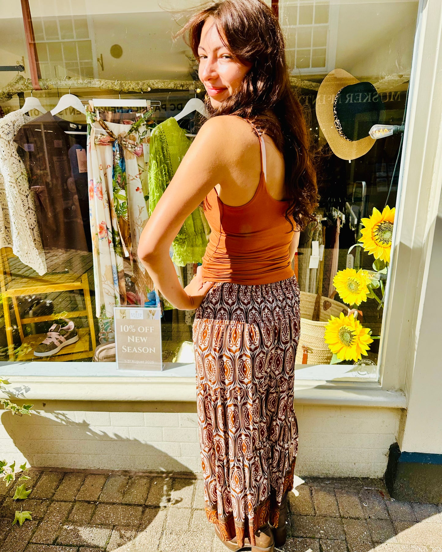 Lucy Shirred Printed Boho Maxi Skirt - Burgundy