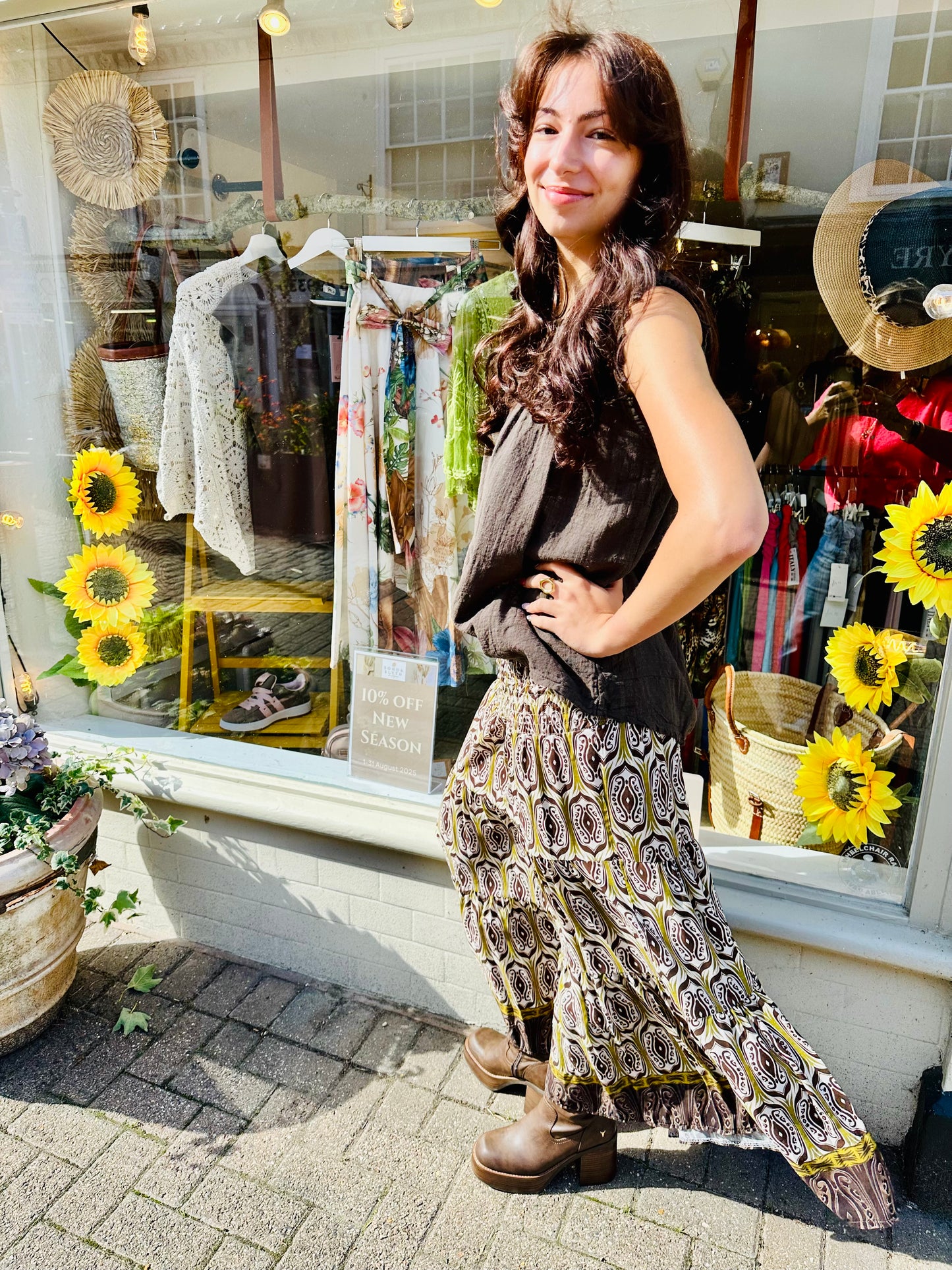 Lucy Shirred Printed Boho Maxi Skirt - Burgundy
