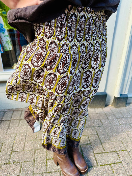 Lucy Shirred Printed Boho Maxi Skirt - Olive