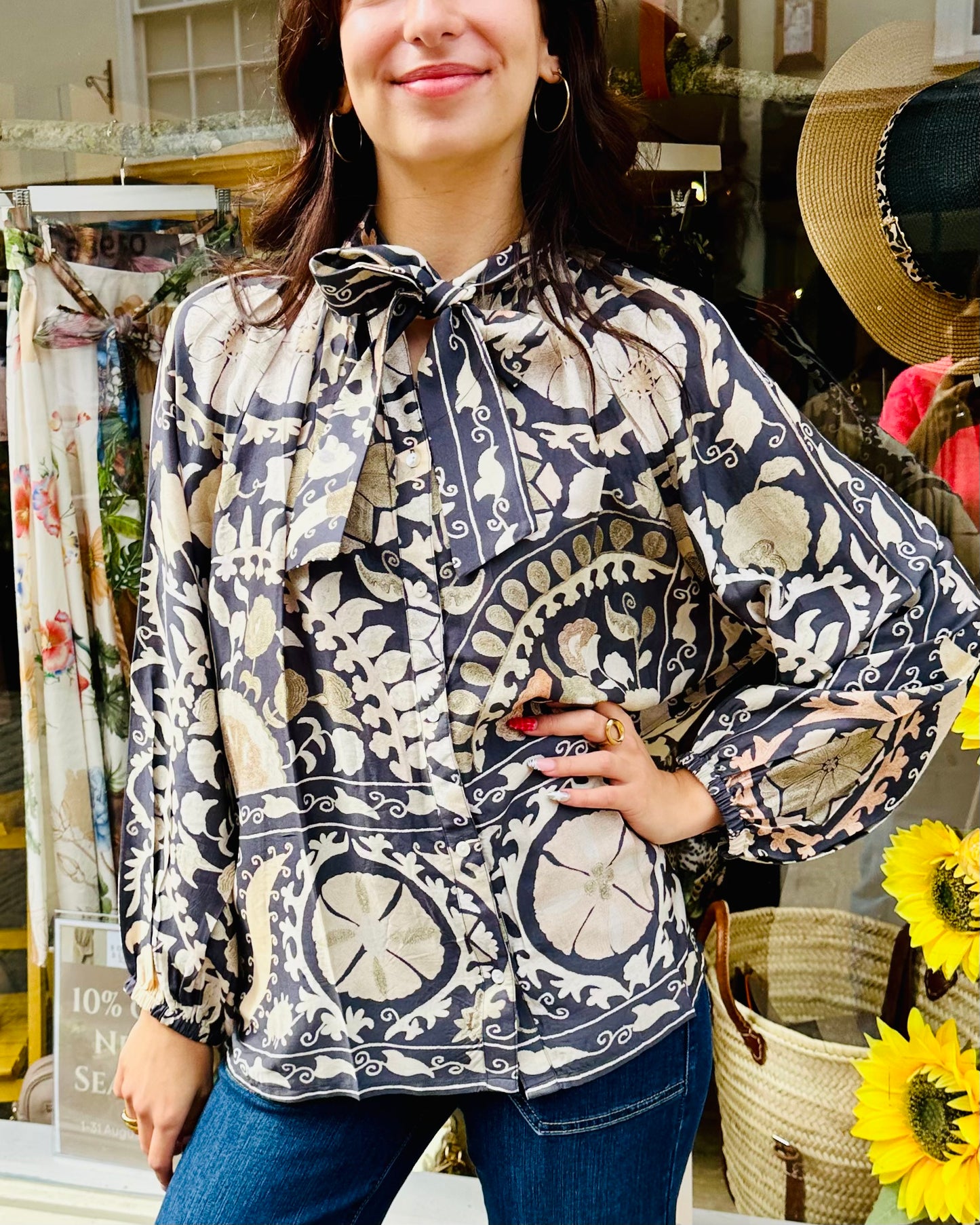 One Hundred stars- Susani Charcoal PussyBow Blouse