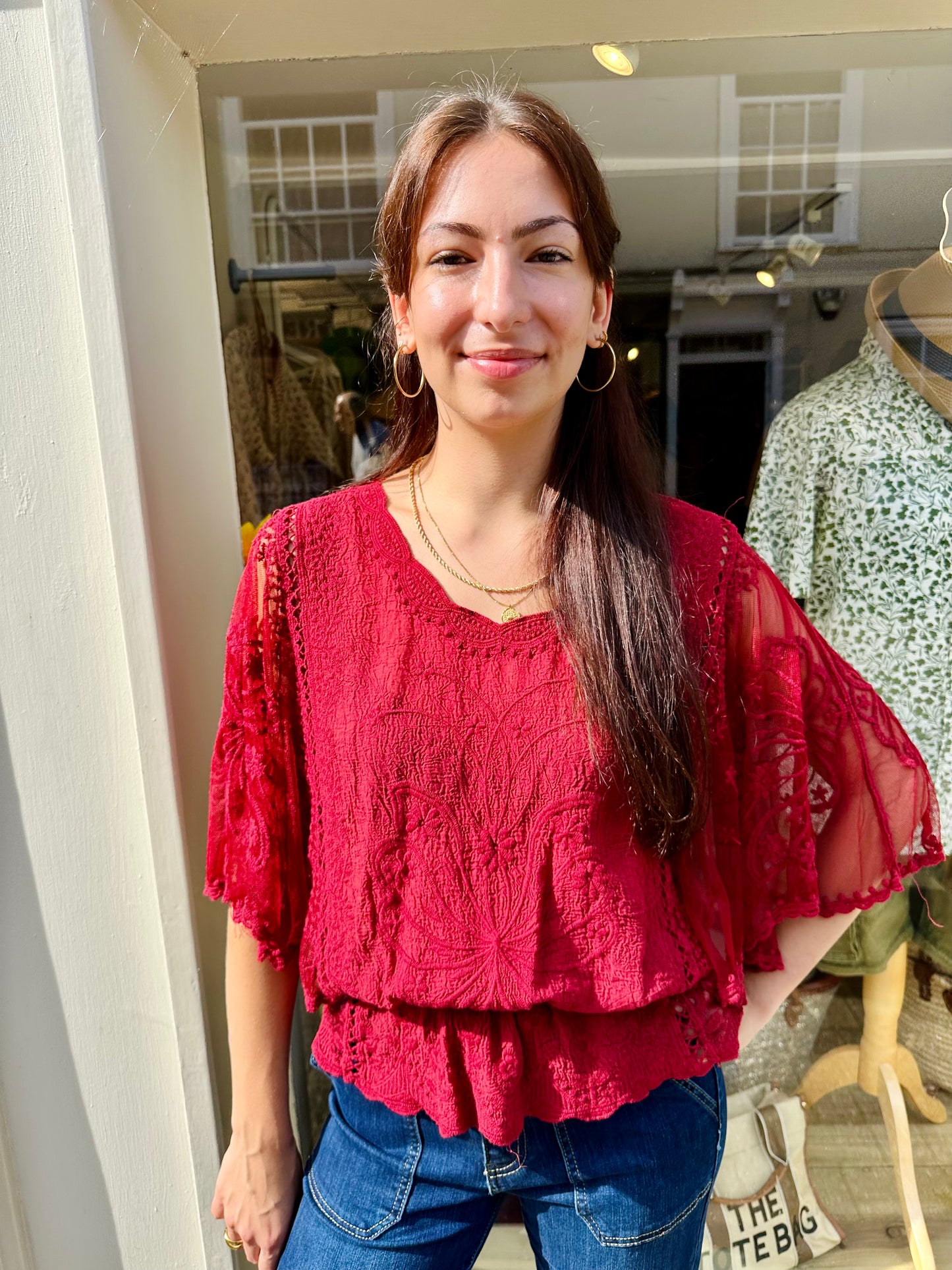Bessie Butterfly Lace sleeve top - Bestseller - Wine