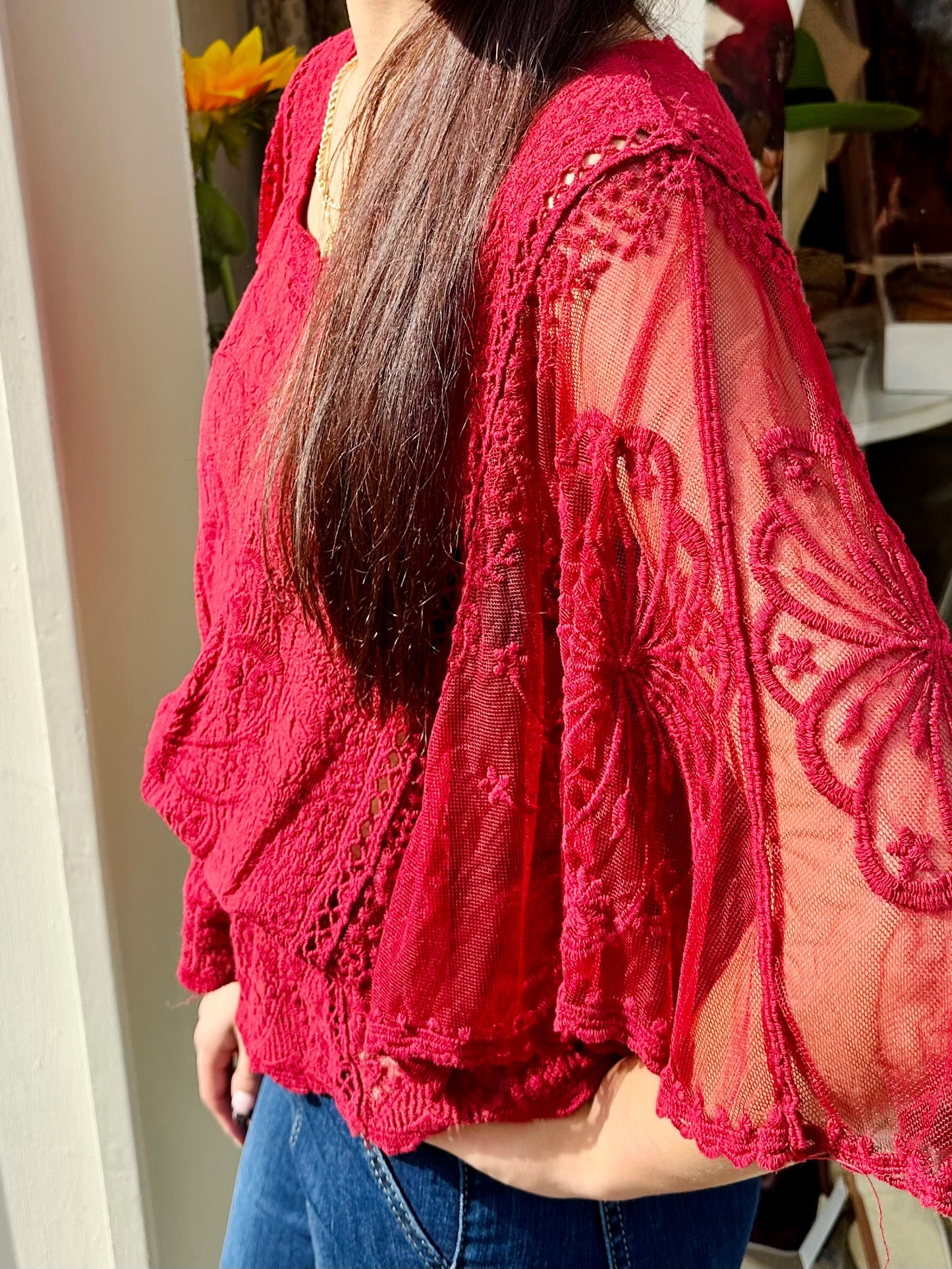 Bessie Butterfly Lace sleeve top - Bestseller - Wine