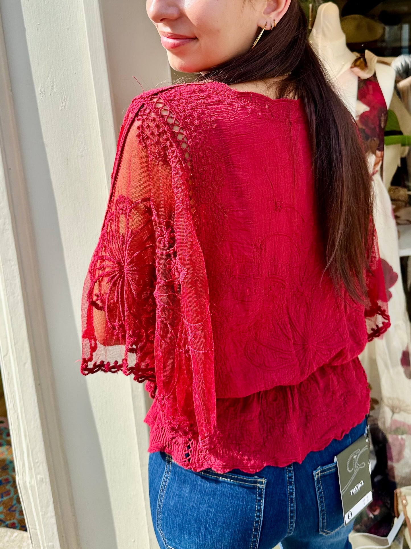 Bessie Butterfly Lace sleeve top - Bestseller - Wine
